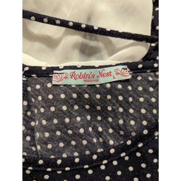 robins nest maternity navy blue white polka dots white sheer bow womens large - Picture 5 of 5